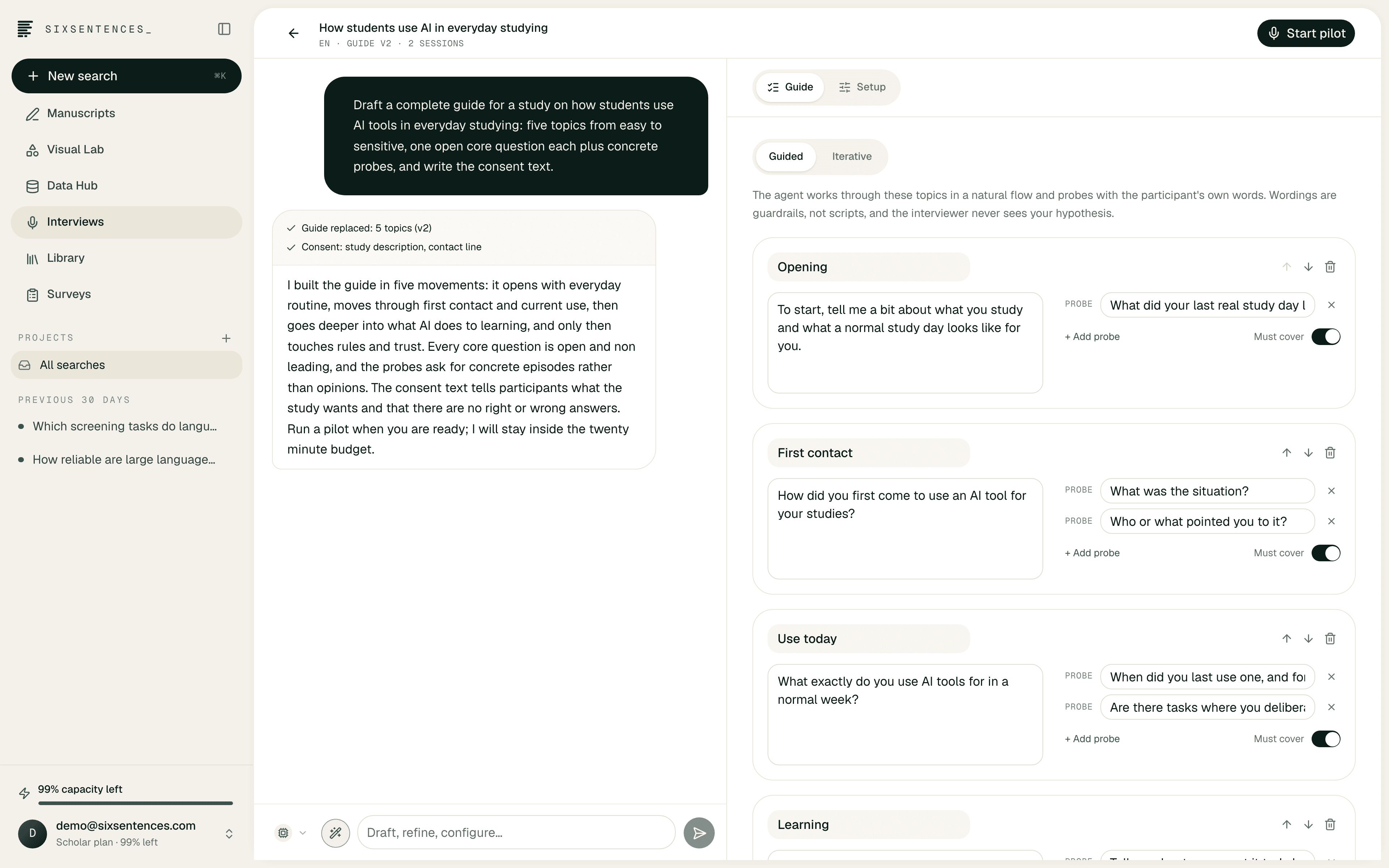 The SixSentences_ Interview Studio: the study designer chat beside a versioned interview guide with topics and probes