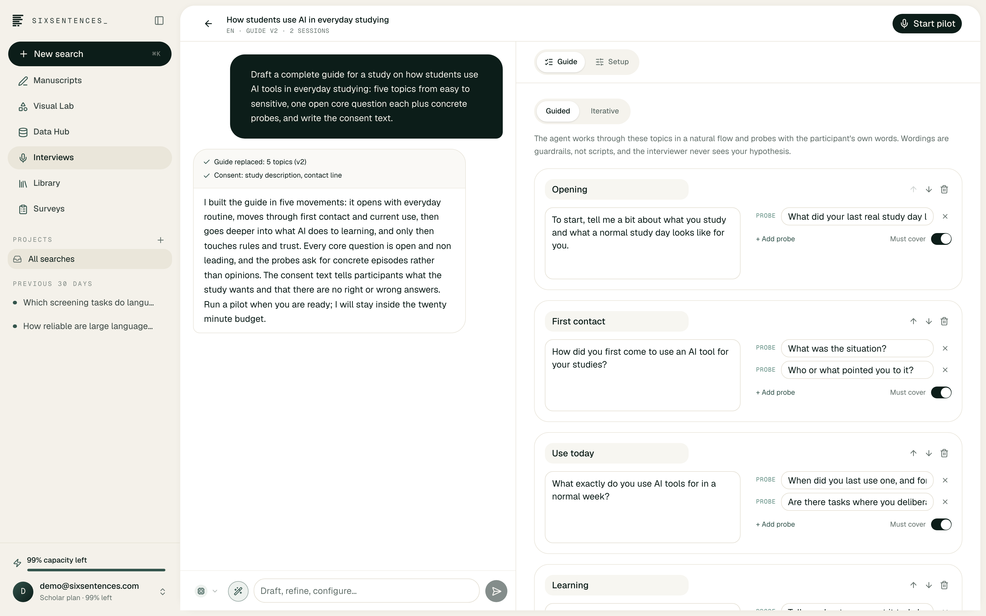 The SixSentences_ Interview Studio: the study designer chat beside a versioned interview guide with topics and probes