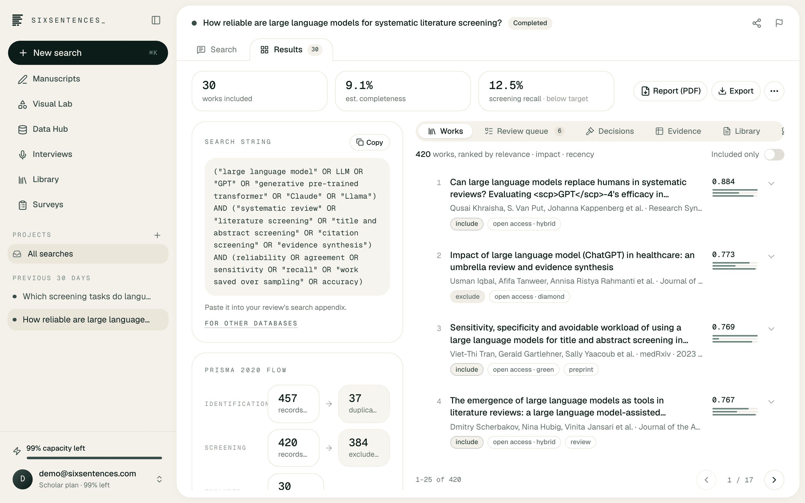 A finished search in SixSentences_: the search string, the PRISMA 2020 flow from 457 records to 30 included, and the ranked works with their screening decisions