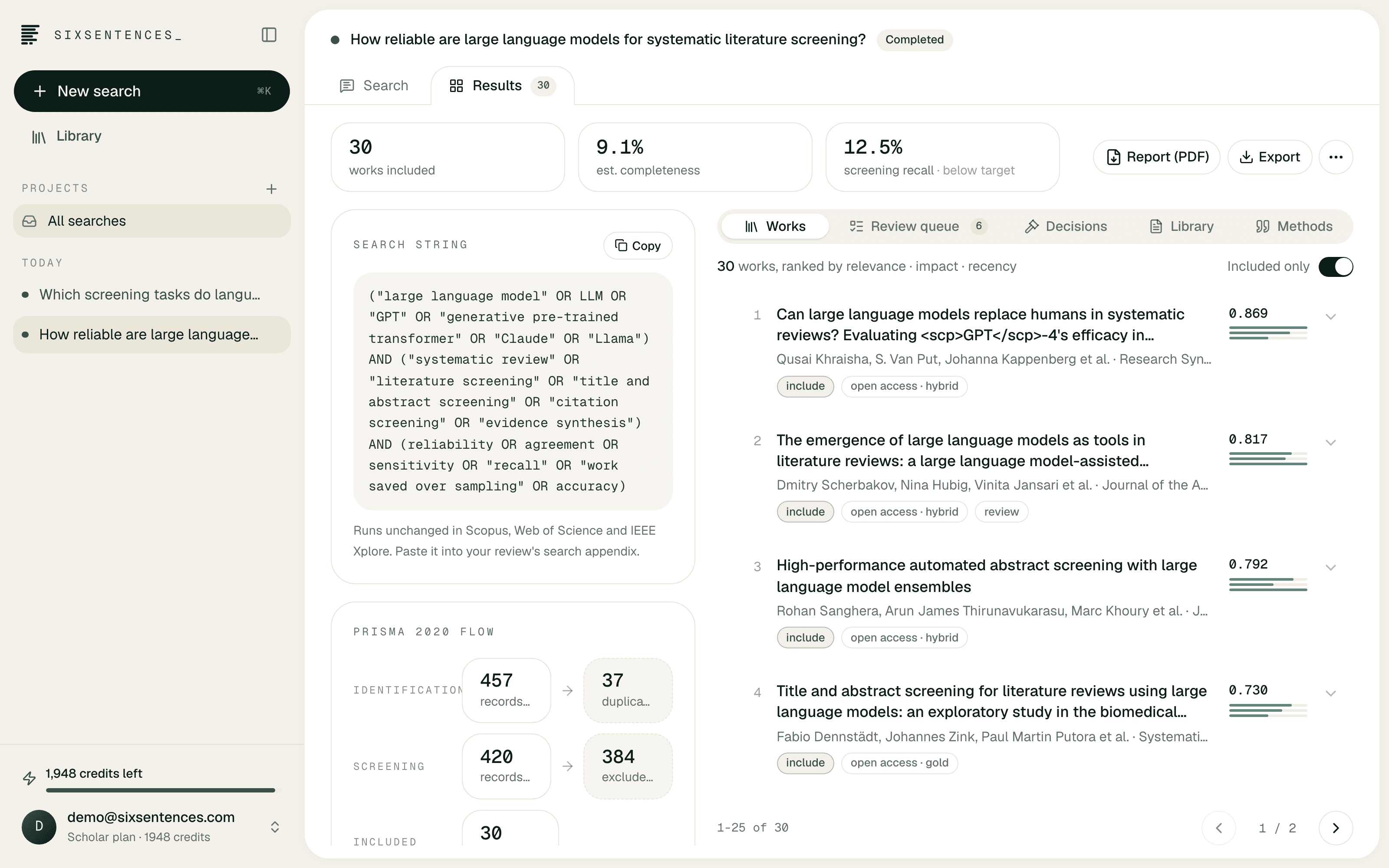A finished search in SixSentences_: the search string, the PRISMA 2020 flow from 457 records to 30 included, and the ranked works with their screening decisions