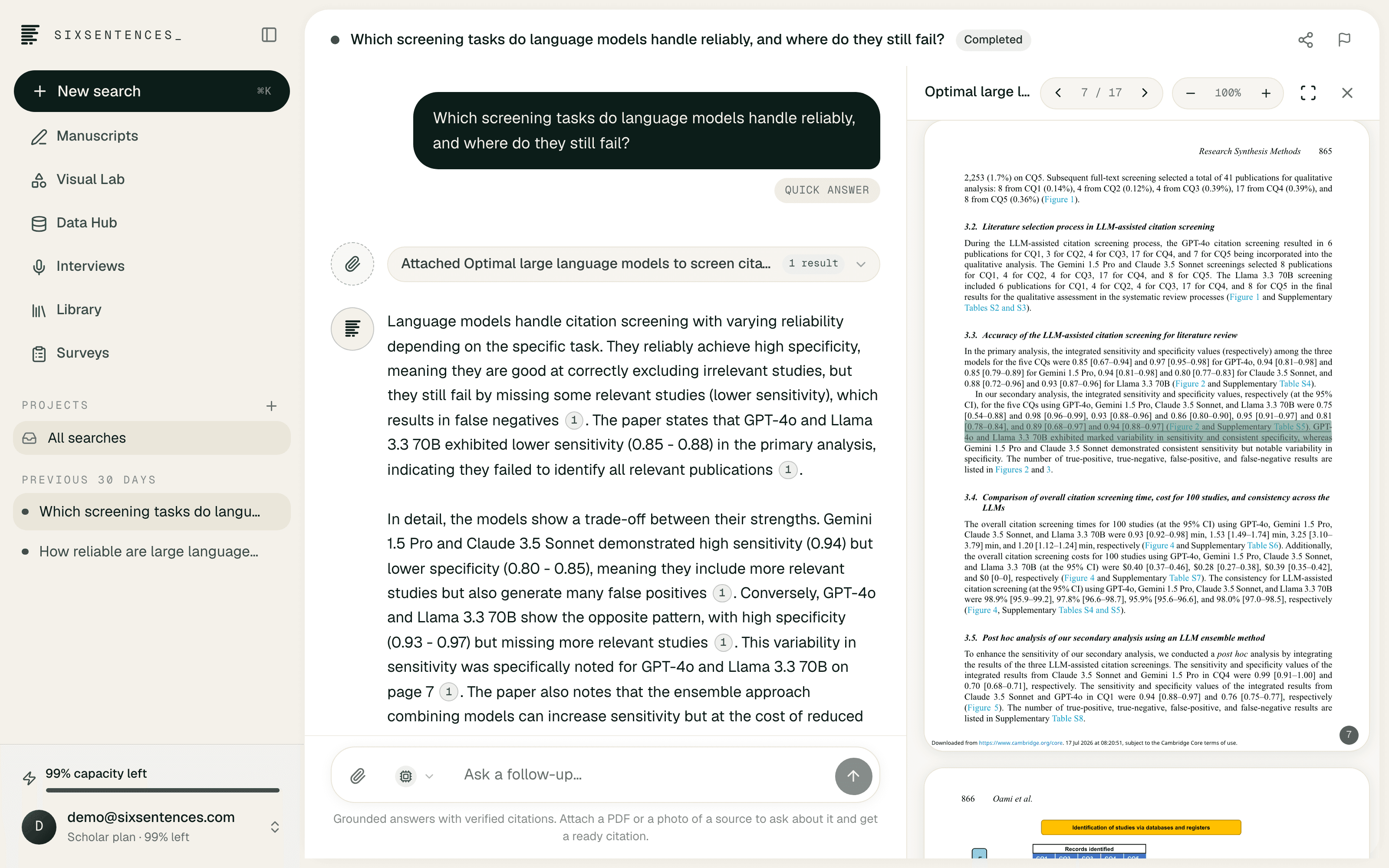 The SixSentences_ workspace: the library and a conversation on the left, the full text of a paper open on the right