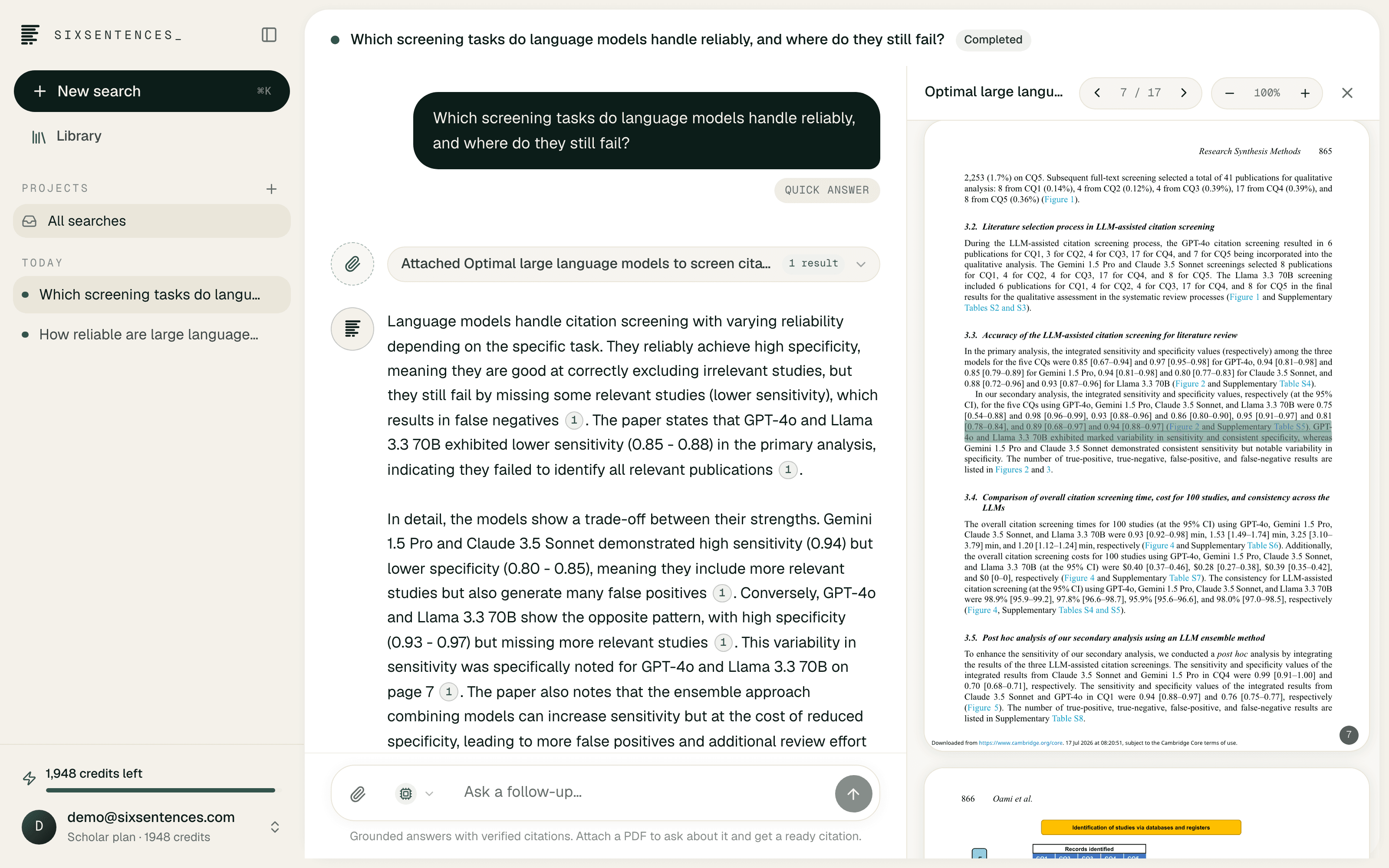 The SixSentences_ workspace: the library and a conversation on the left, the full text of a paper open on the right