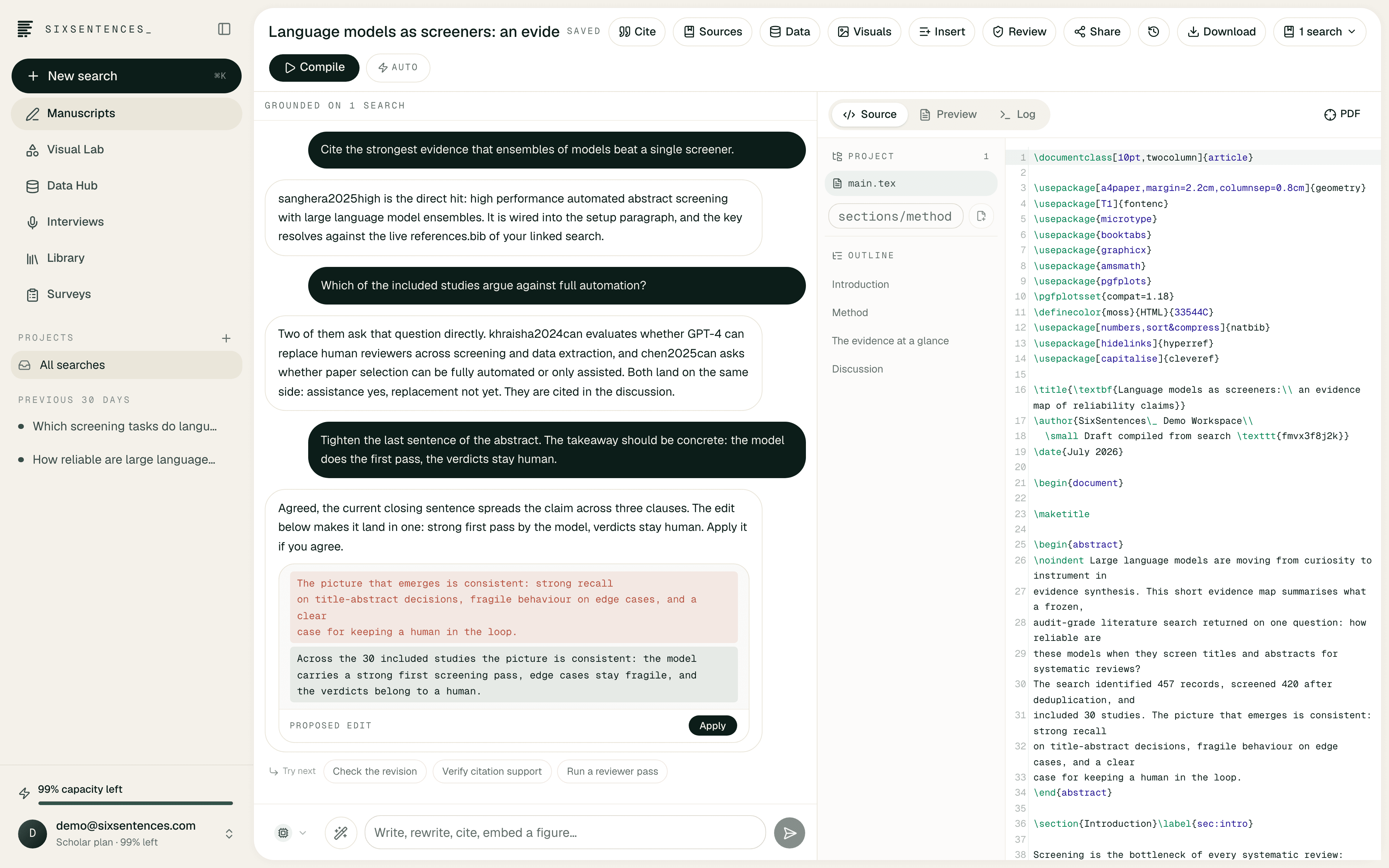 The SixSentences_ Manuscript Studio: an evidence-grounded authoring chat beside the structured source and compiled PDF