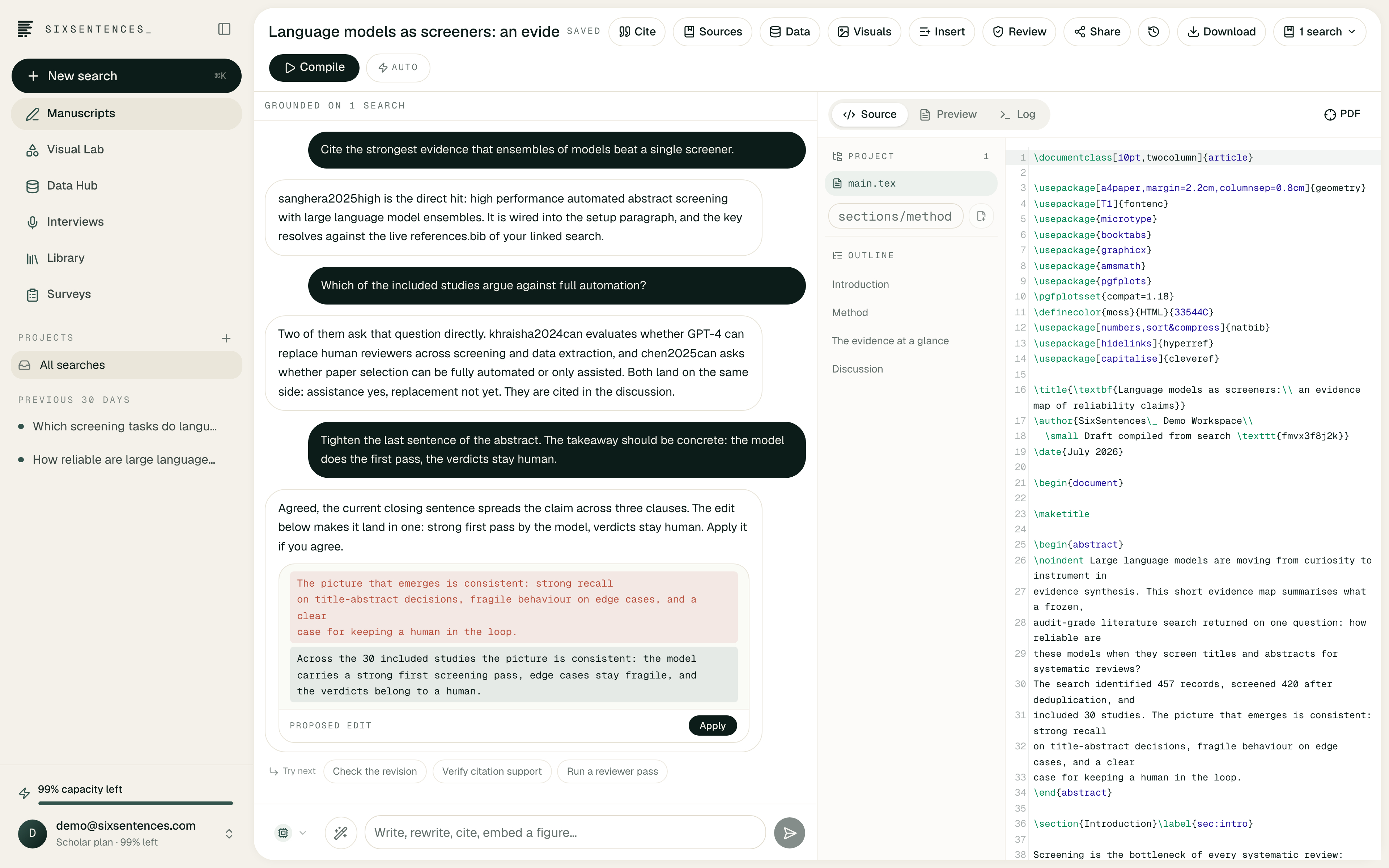 The SixSentences_ Manuscript Studio: an evidence-grounded authoring chat beside the structured source and compiled PDF