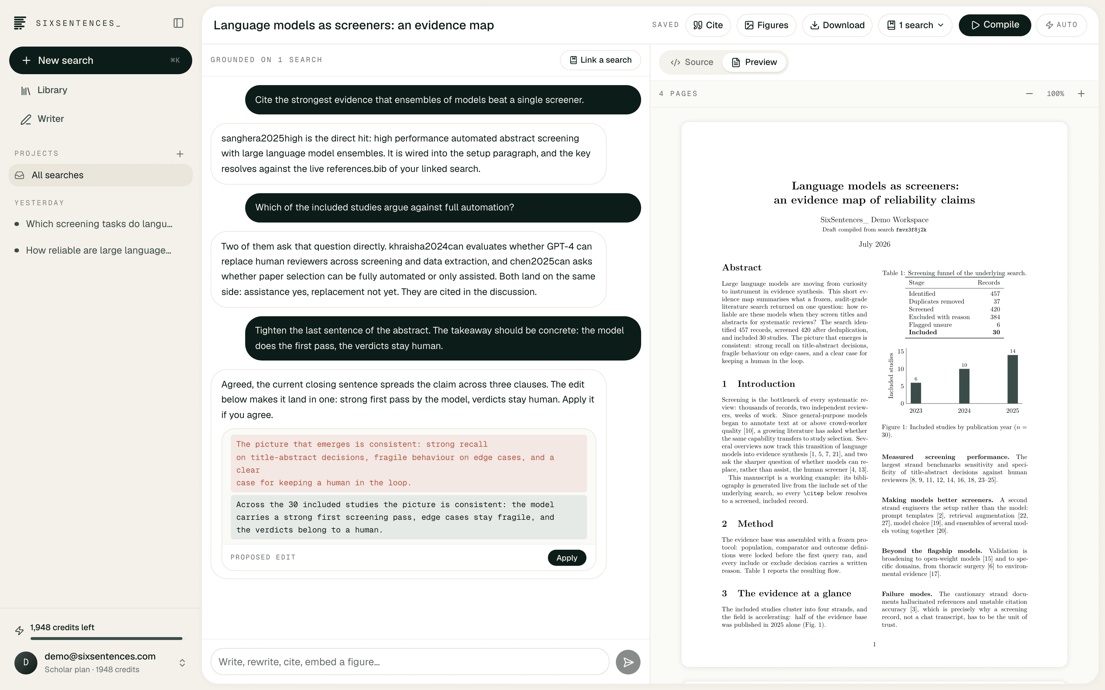 The SixSentences_ Manuscript Studio: an evidence-grounded authoring chat beside the structured source and compiled PDF